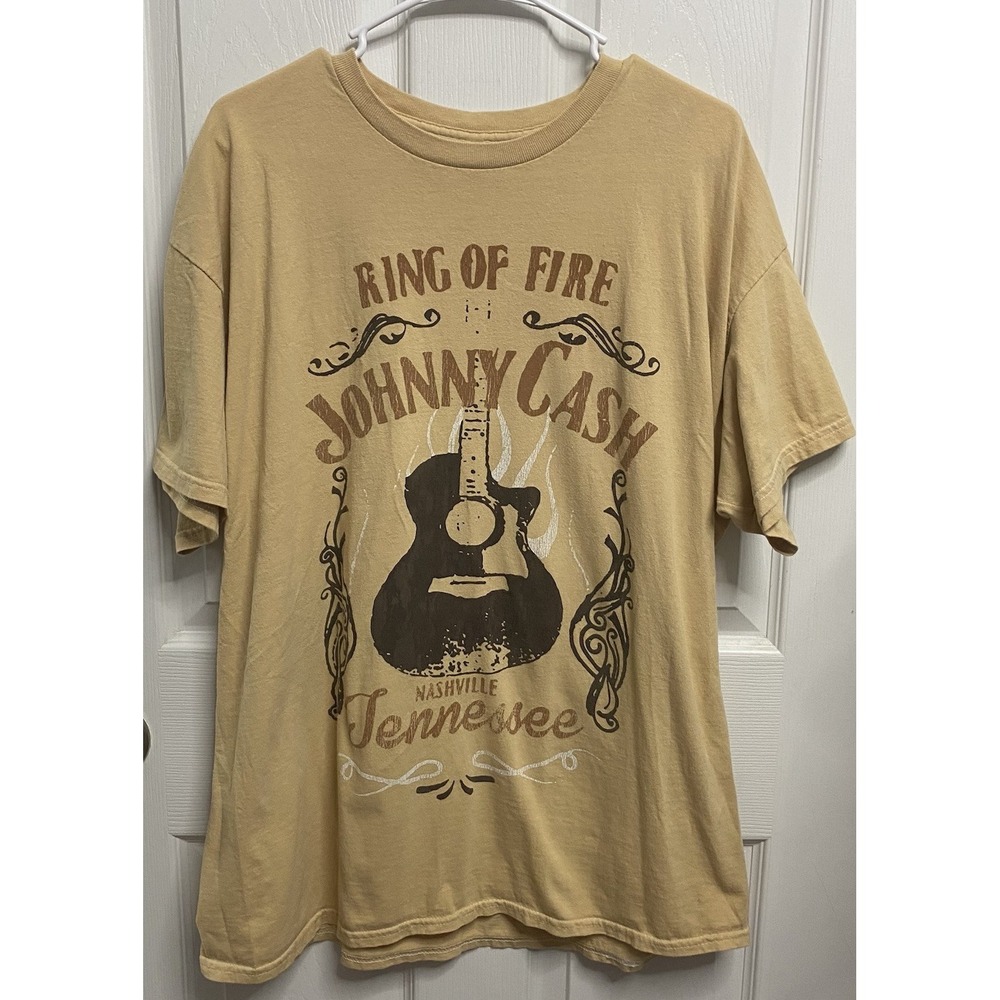Johnny Cash Ring Of Fire Men Vintage Washed Classic TN Graphic T-shirt Beige L